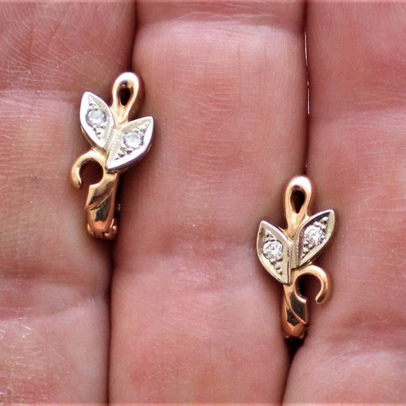 Vintage Russian USSR 14K 585 Rose Pink White Gold CZ Cluster Leaf EARRINGS - Picture 3 of 7